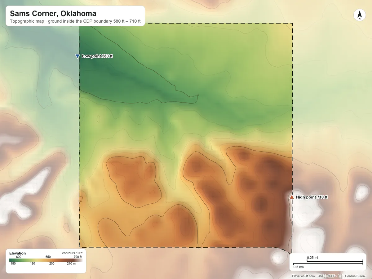 Topographic elevation map of Sams Corner, Oklahoma, shaded from 580 ft on the northwest side to 710 ft on the southeast side