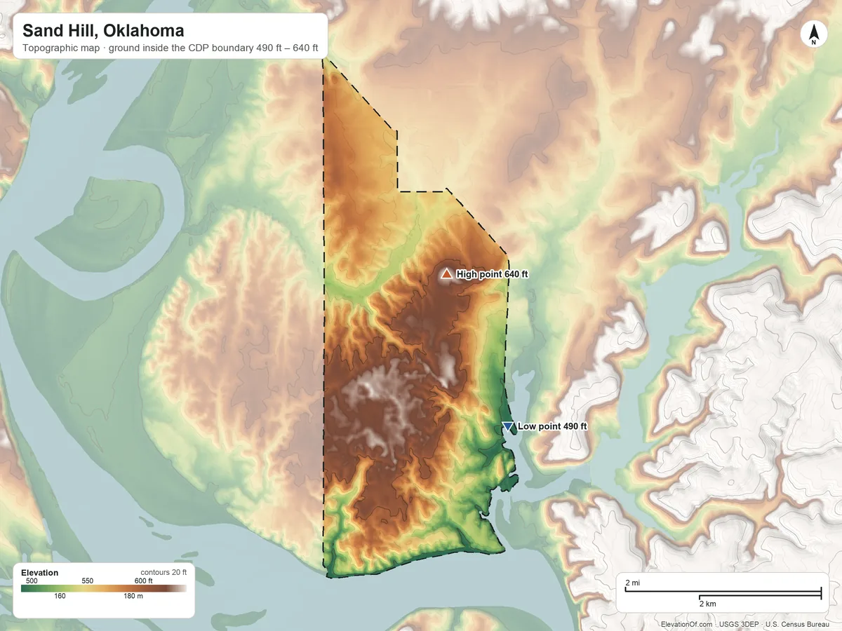 Topographic elevation map of Sand Hill, Oklahoma, shaded from 490 ft on the southeast side to 640 ft on the northeast side