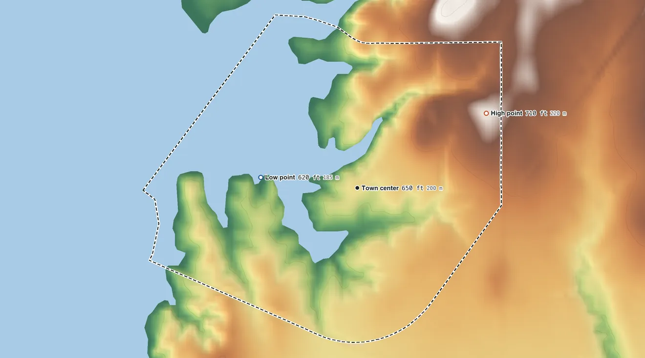 Topographic elevation map of Sand Point, Oklahoma, shaded from 620 ft on the west side to 710 ft on the northeast side