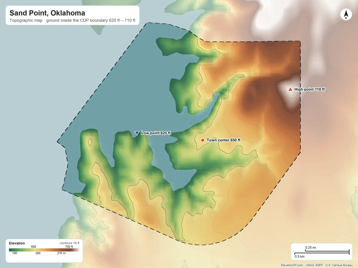 Topographic elevation map of Sand Point, Oklahoma, shaded from 620 ft on the west side to 710 ft on the northeast side