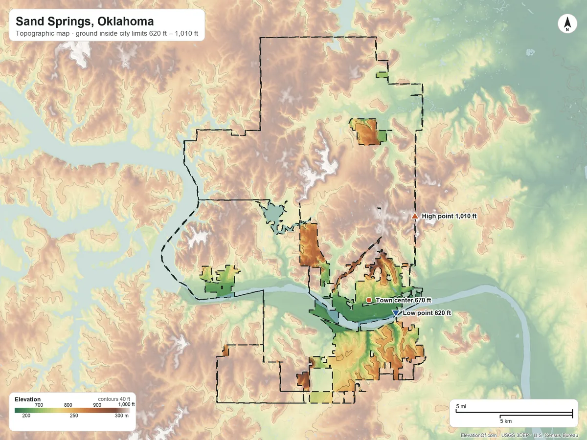 Topographic elevation map of Sand Springs, Oklahoma, shaded from 620 ft near the middle to 1,010 ft on the northeast side