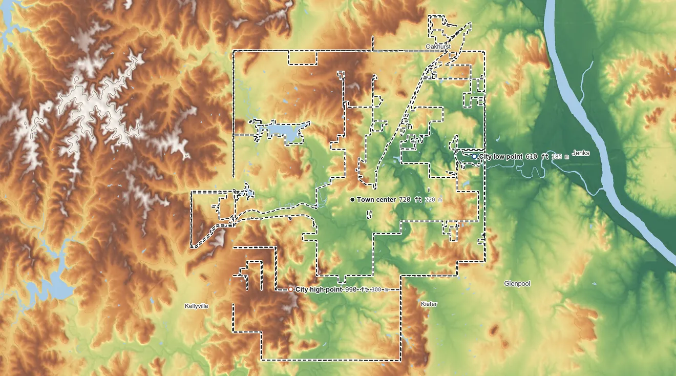 Topographic elevation map of Sapulpa, Oklahoma, shaded from 610 ft on the east side to 990 ft on the southwest side