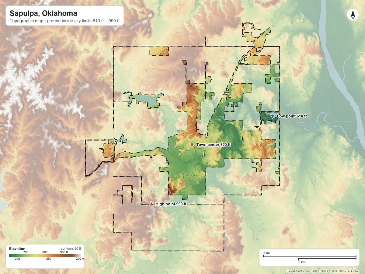 Topographic elevation map of Sapulpa, Oklahoma, shaded from 610 ft on the east side to 990 ft on the southwest side