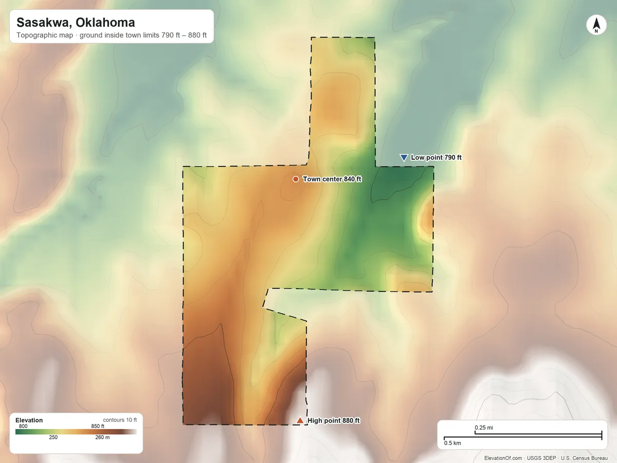 Topographic elevation map of Sasakwa, Oklahoma, shaded from 790 ft on the east side to 880 ft on the south side