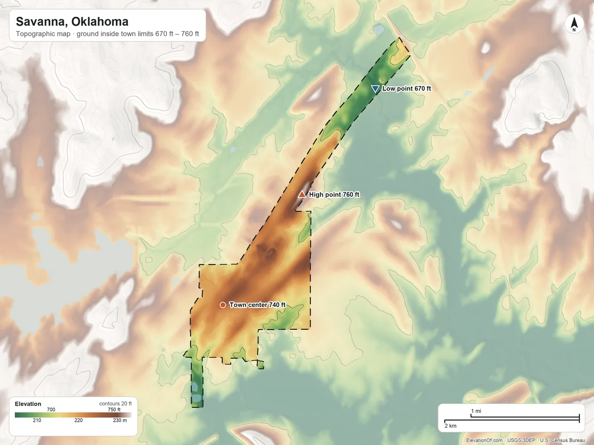 Topographic elevation map of Savanna, Oklahoma, shaded from 670 ft on the northeast side to 760 ft on the northeast side