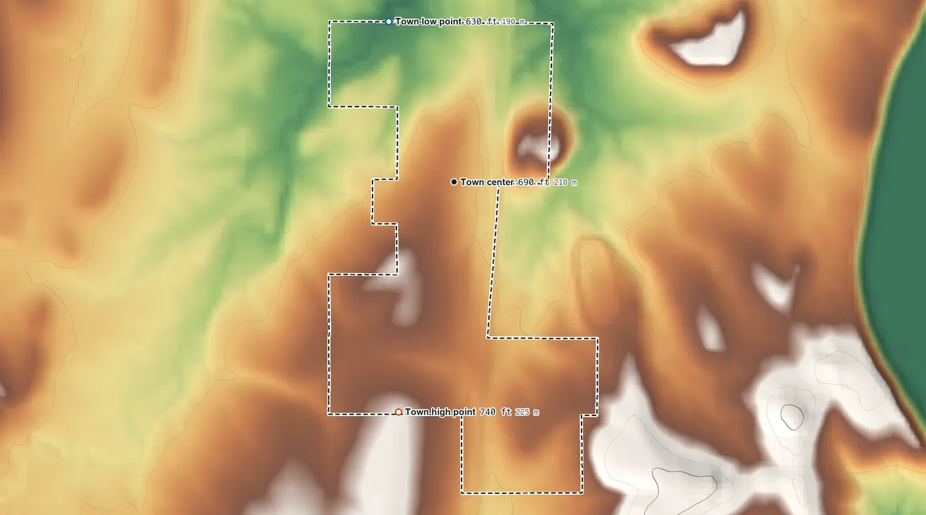 Topographic elevation map of Schulter, Oklahoma, shaded from 630 ft on the north side to 740 ft on the south side