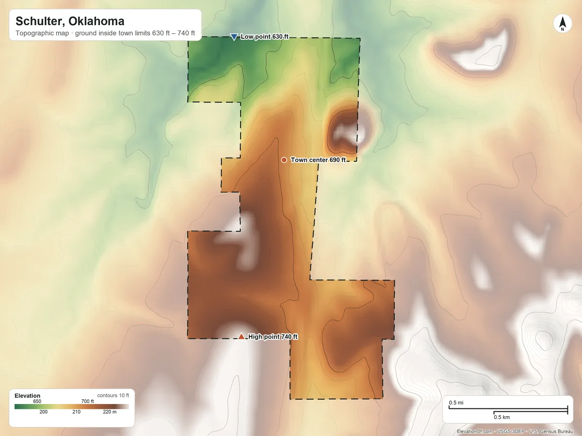 Topographic elevation map of Schulter, Oklahoma, shaded from 630 ft on the north side to 740 ft on the south side