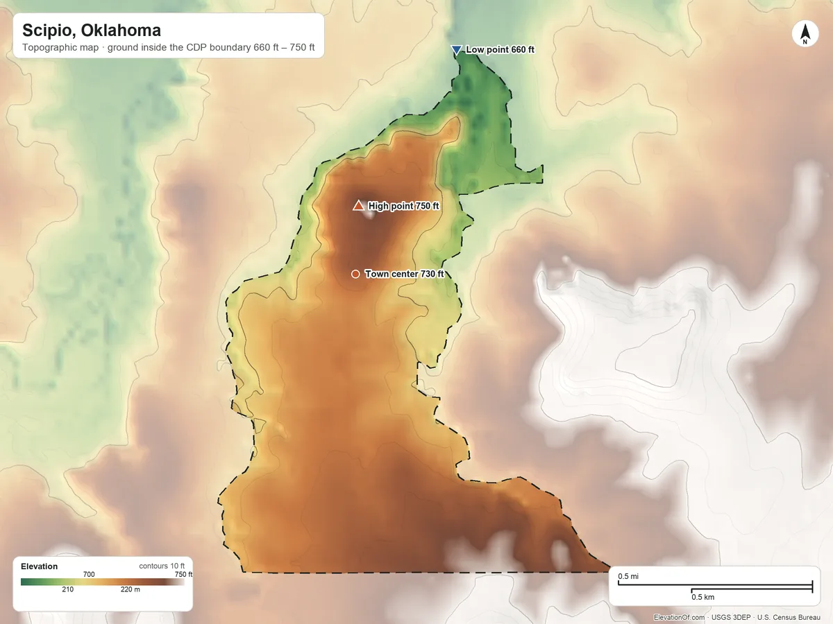 Topographic elevation map of Scipio, Oklahoma, shaded from 660 ft on the northeast side to 750 ft on the north side