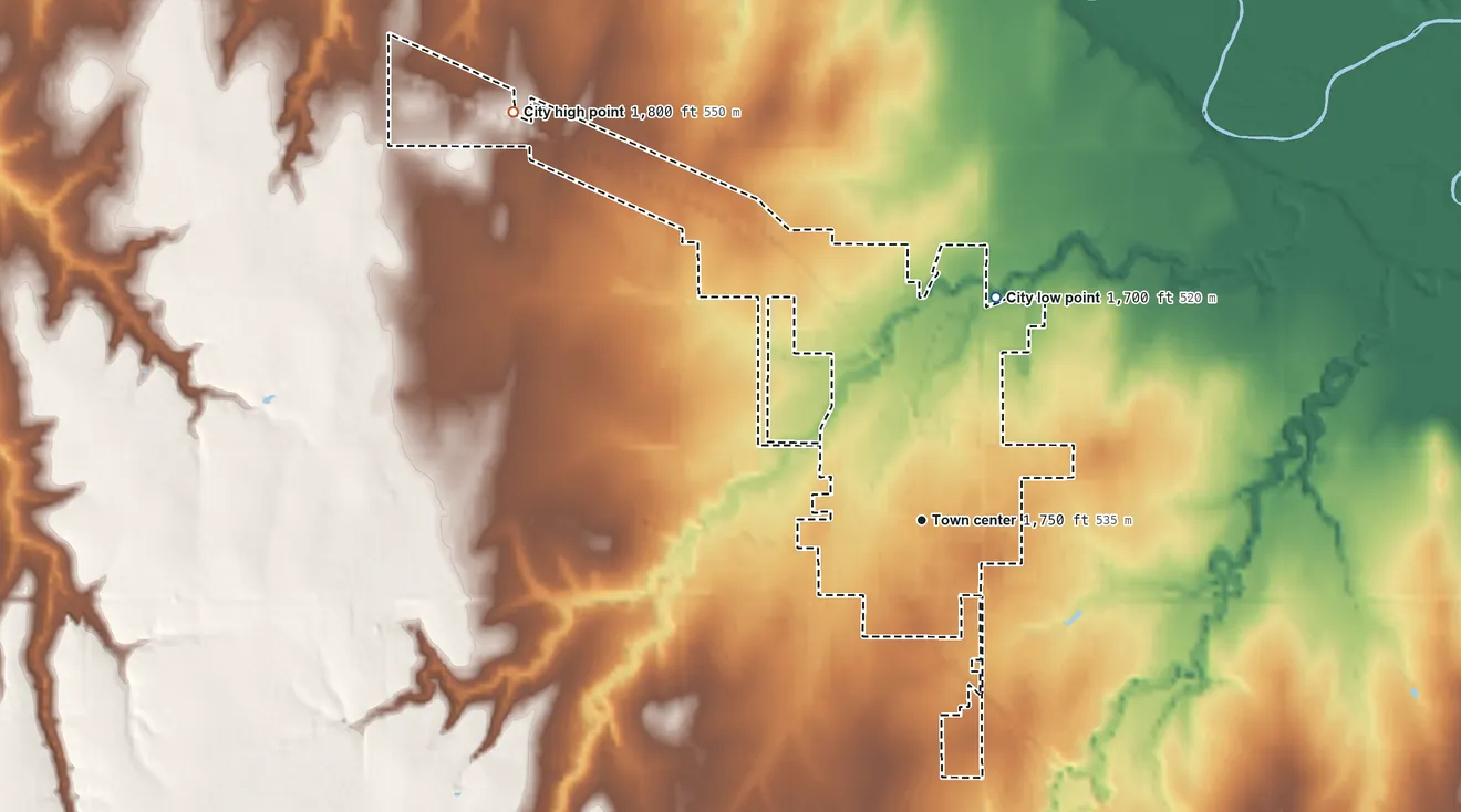 Topographic elevation map of Seiling, Oklahoma, shaded from 1,700 ft on the north side to 1,800 ft on the northwest side