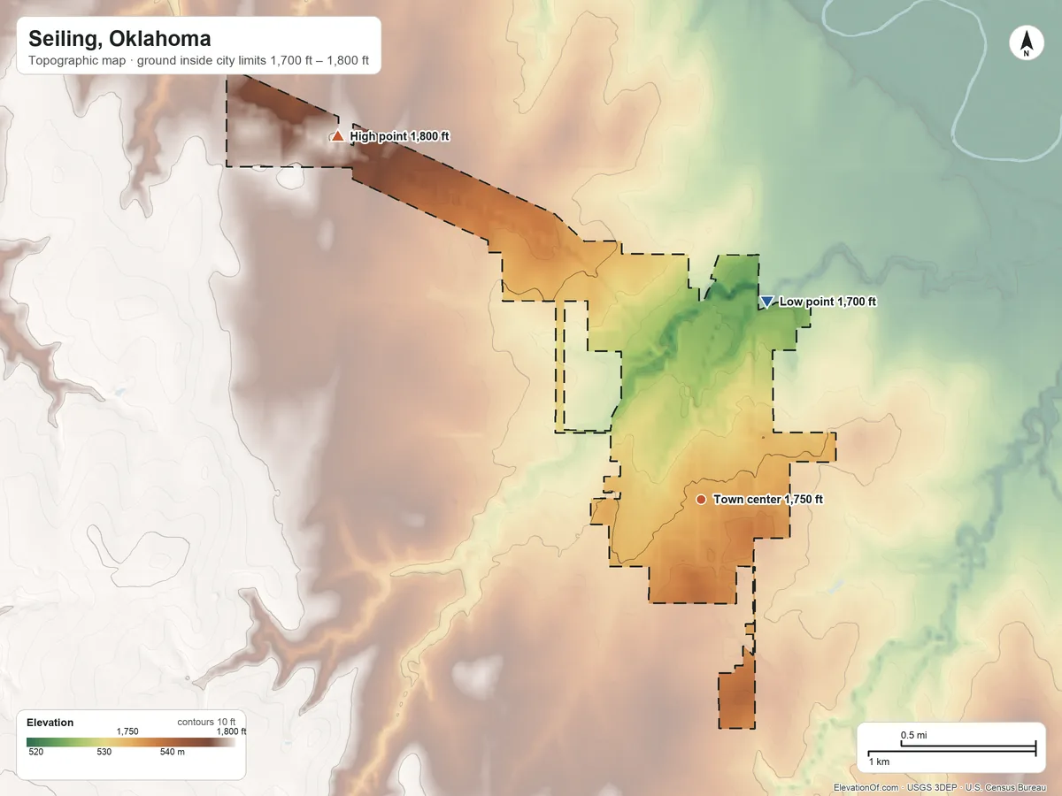 Topographic elevation map of Seiling, Oklahoma, shaded from 1,700 ft on the north side to 1,800 ft on the northwest side