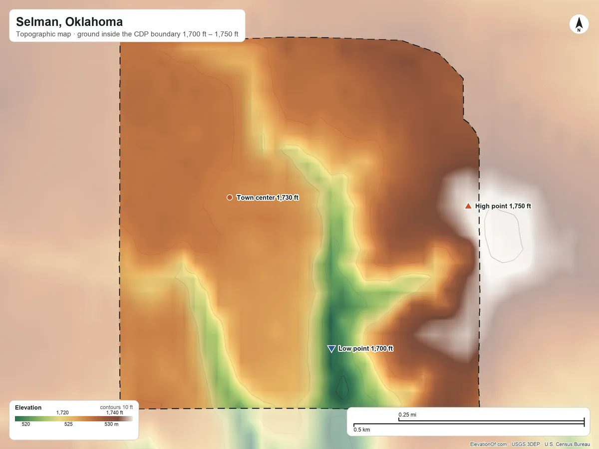 Topographic elevation map of Selman, Oklahoma, shaded from 1,700 ft on the southeast side to 1,750 ft on the east side