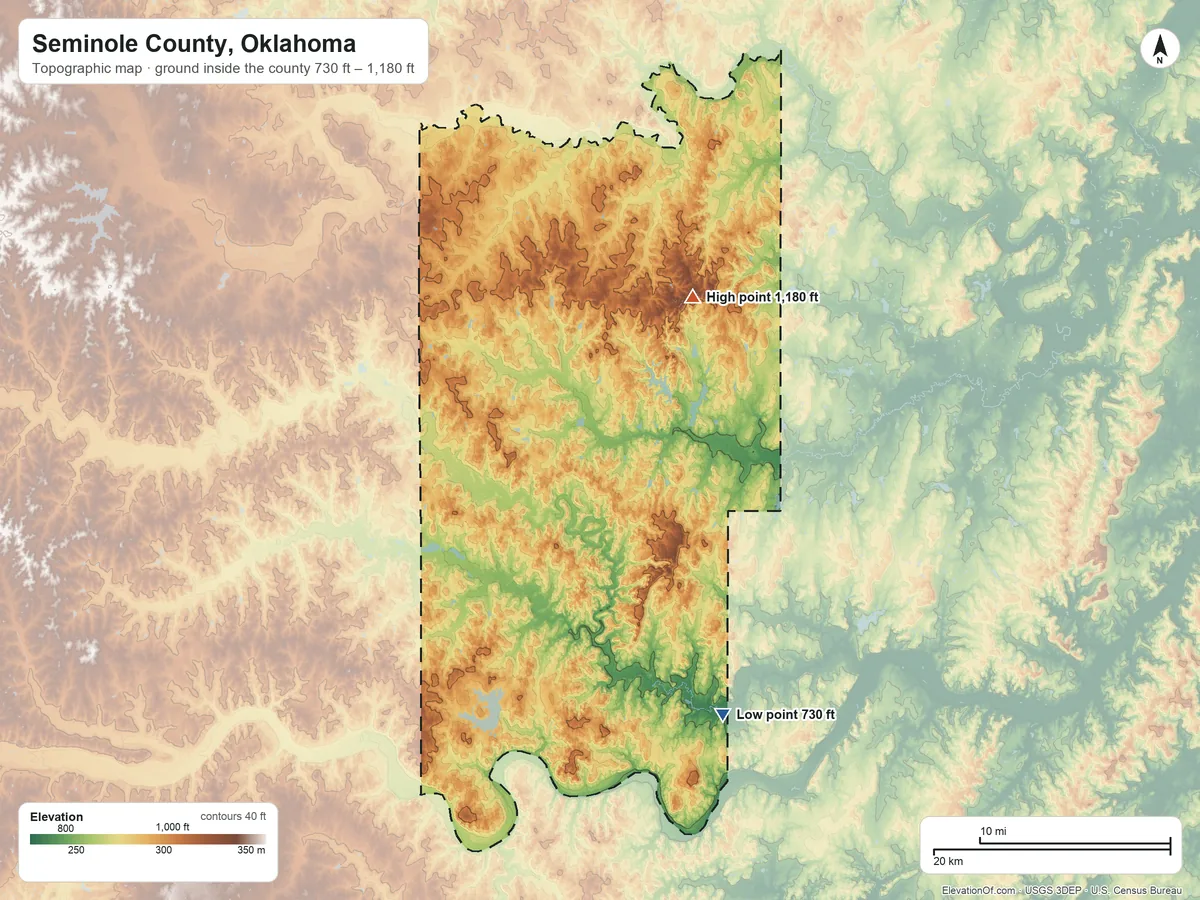 Topographic elevation map of Seminole County, Oklahoma, shaded from 730 ft on the southeast side to 1,180 ft on Chimney Rock