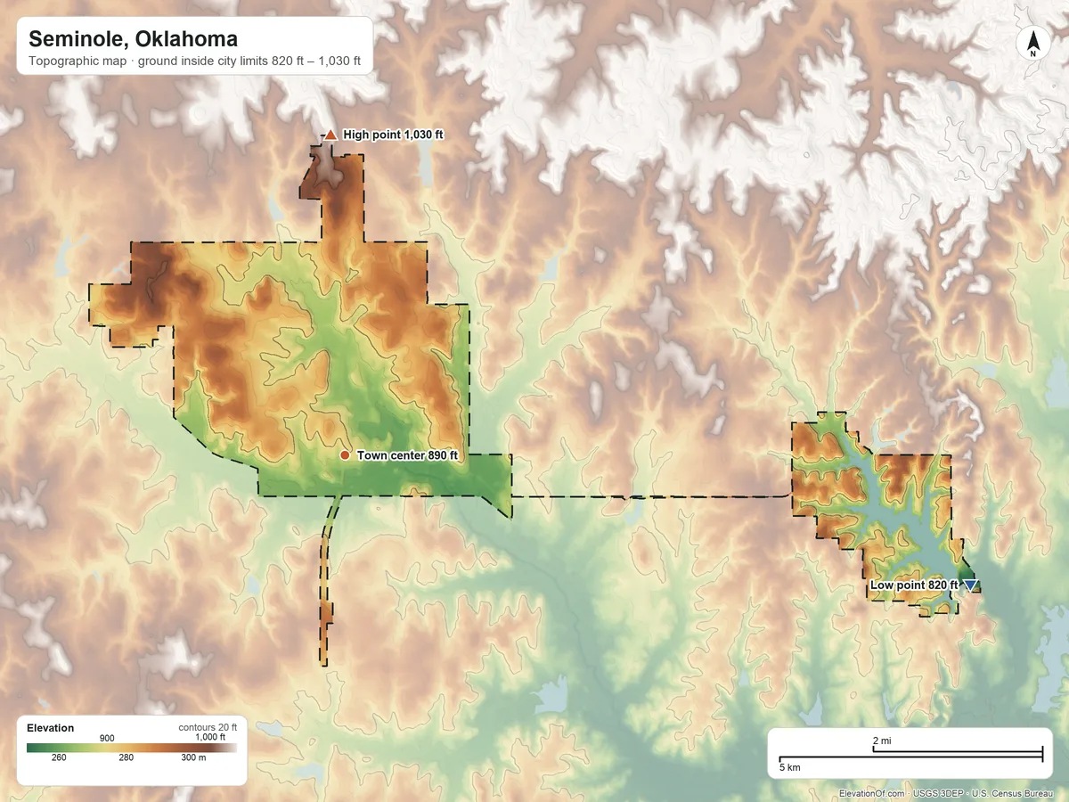 Topographic elevation map of Seminole, Oklahoma, shaded from 820 ft on the east side to 1,030 ft on the north side