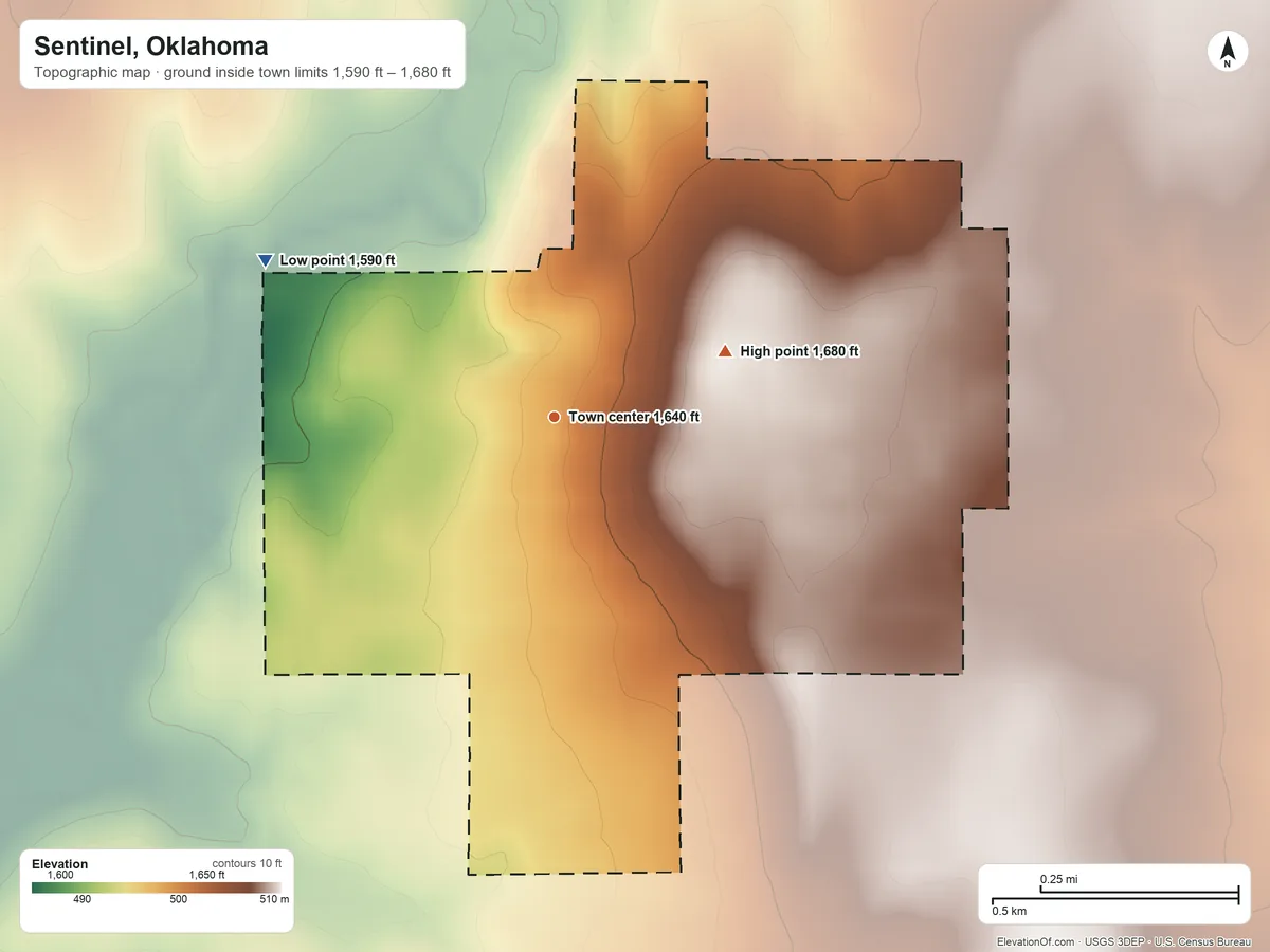 Topographic elevation map of Sentinel, Oklahoma, shaded from 1,590 ft on the northwest side to 1,680 ft on the east side