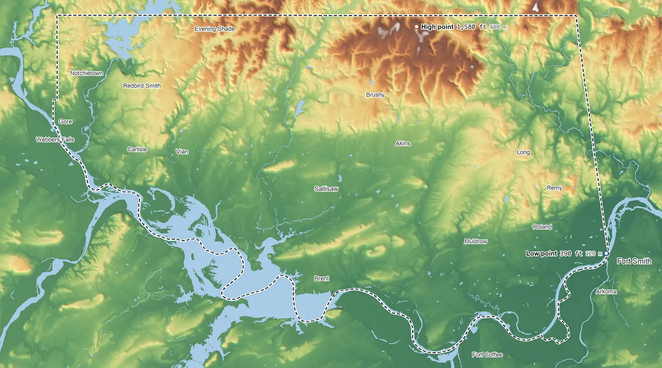 Topographic elevation map of Sequoyah County, Oklahoma, shaded from 390 ft on the east side to 1,580 ft on the northeast side