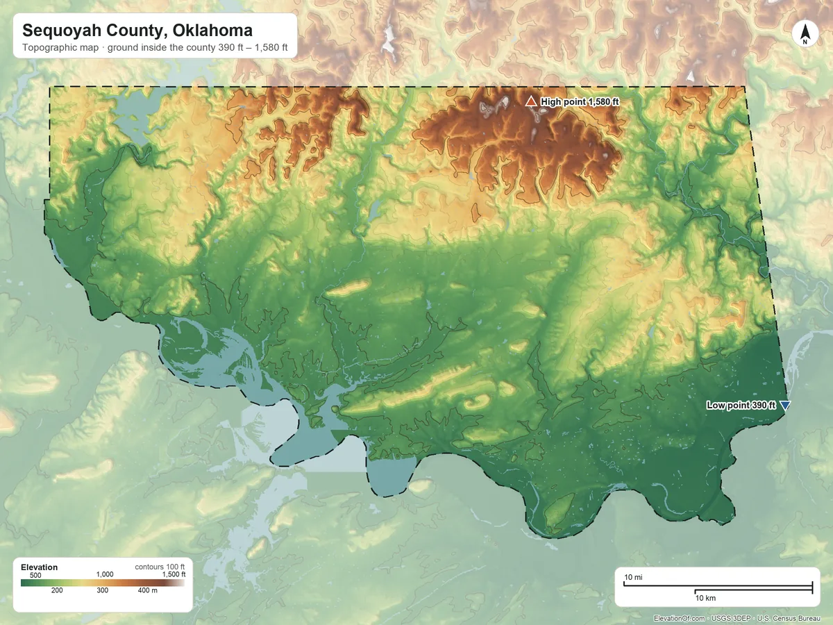 Topographic elevation map of Sequoyah County, Oklahoma, shaded from 390 ft on the east side to 1,580 ft on the northeast side