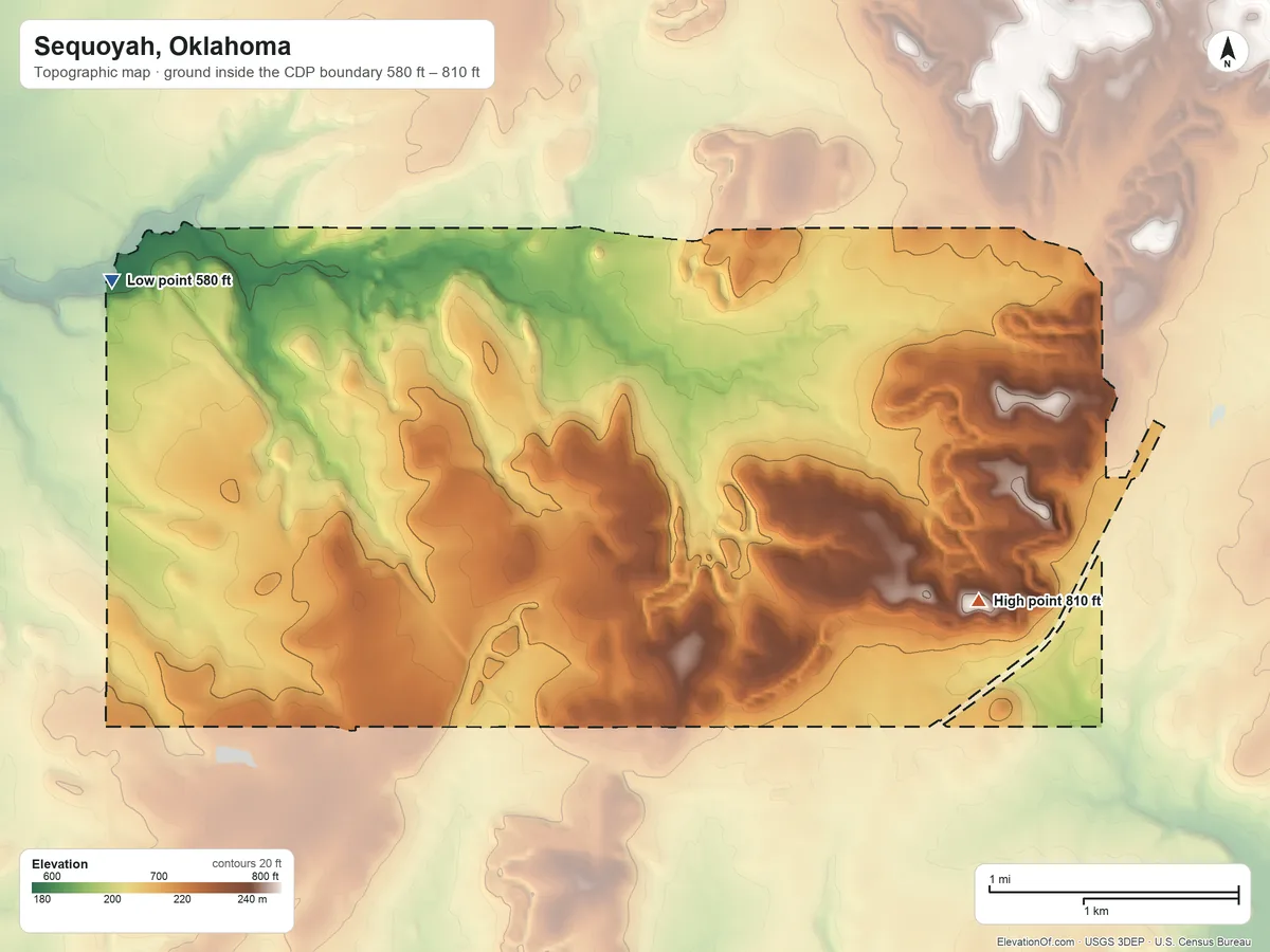 Topographic elevation map of Sequoyah, Oklahoma, shaded from 580 ft on the northwest side to 810 ft on the east side