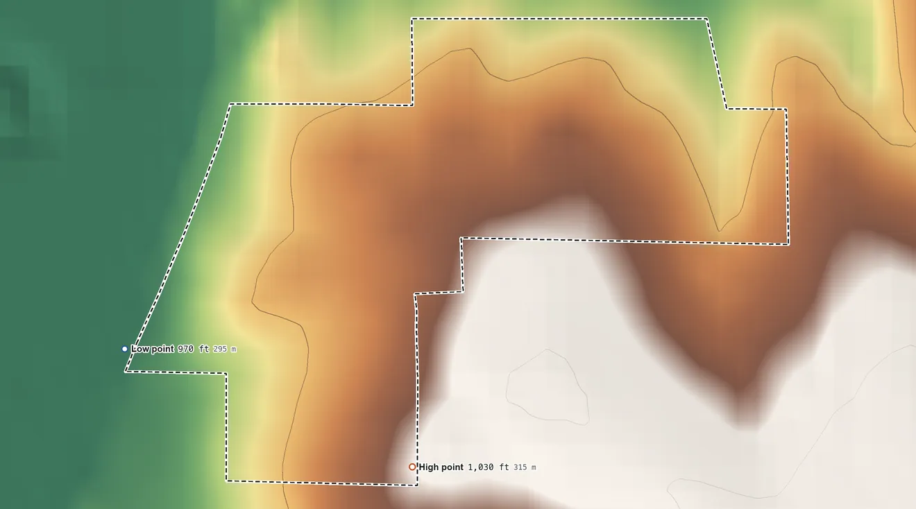 Topographic elevation map of Seward, Oklahoma, shaded from 970 ft on the southwest side to 1,030 ft on the south side