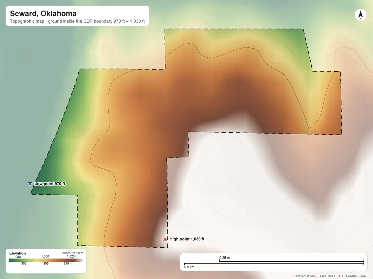 Topographic elevation map of Seward, Oklahoma, shaded from 970 ft on the southwest side to 1,030 ft on the south side