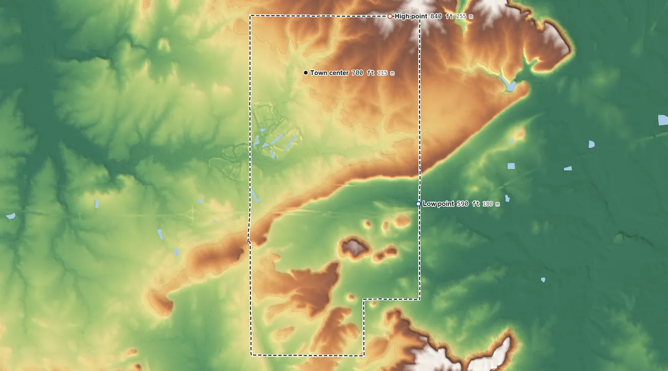 Topographic elevation map of Shady Grove, McIntosh County, Oklahoma, shaded from 590 ft on the southeast side to 840 ft on the northeast side