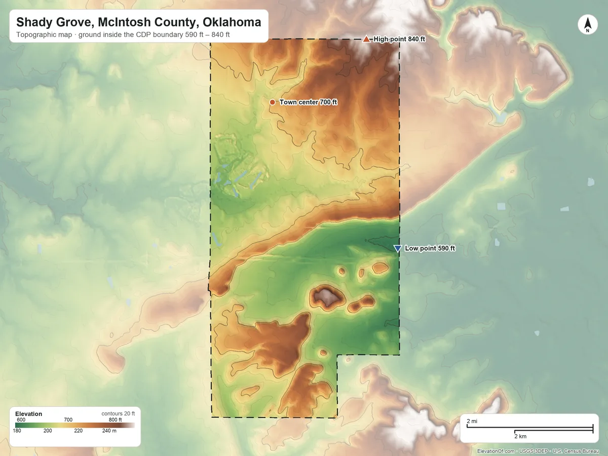 Topographic elevation map of Shady Grove, McIntosh County, Oklahoma, shaded from 590 ft on the southeast side to 840 ft on the northeast side