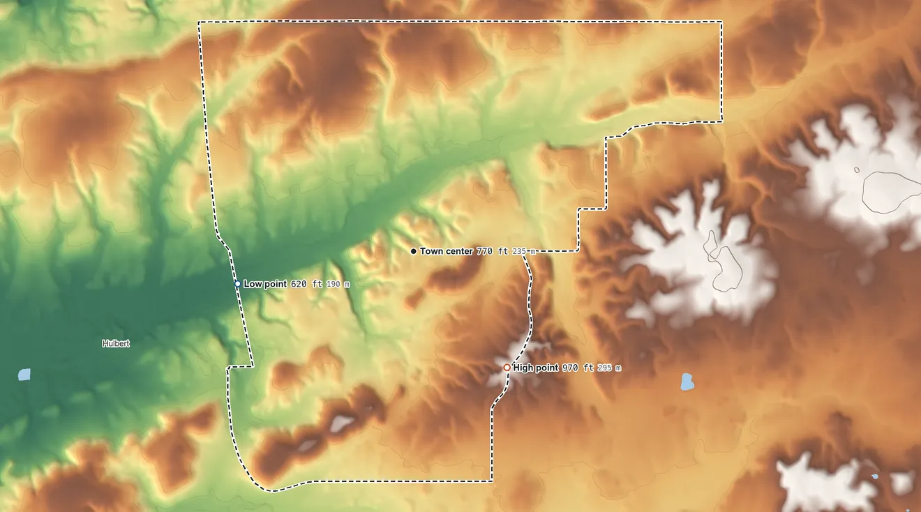Topographic elevation map of Shady Grove, Oklahoma, shaded from 620 ft on the west side to 970 ft on the southeast side
