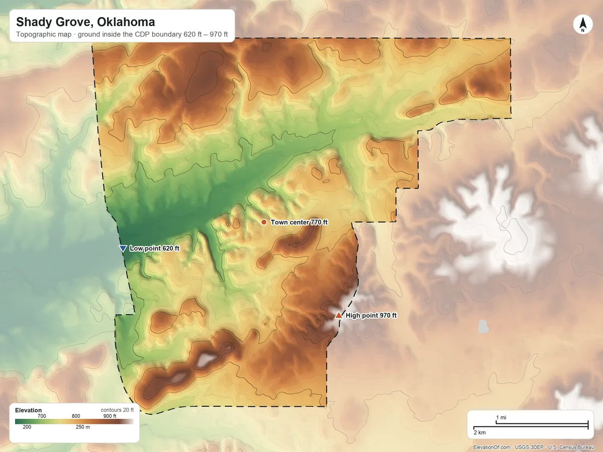 Topographic elevation map of Shady Grove, Oklahoma, shaded from 620 ft on the west side to 970 ft on the southeast side