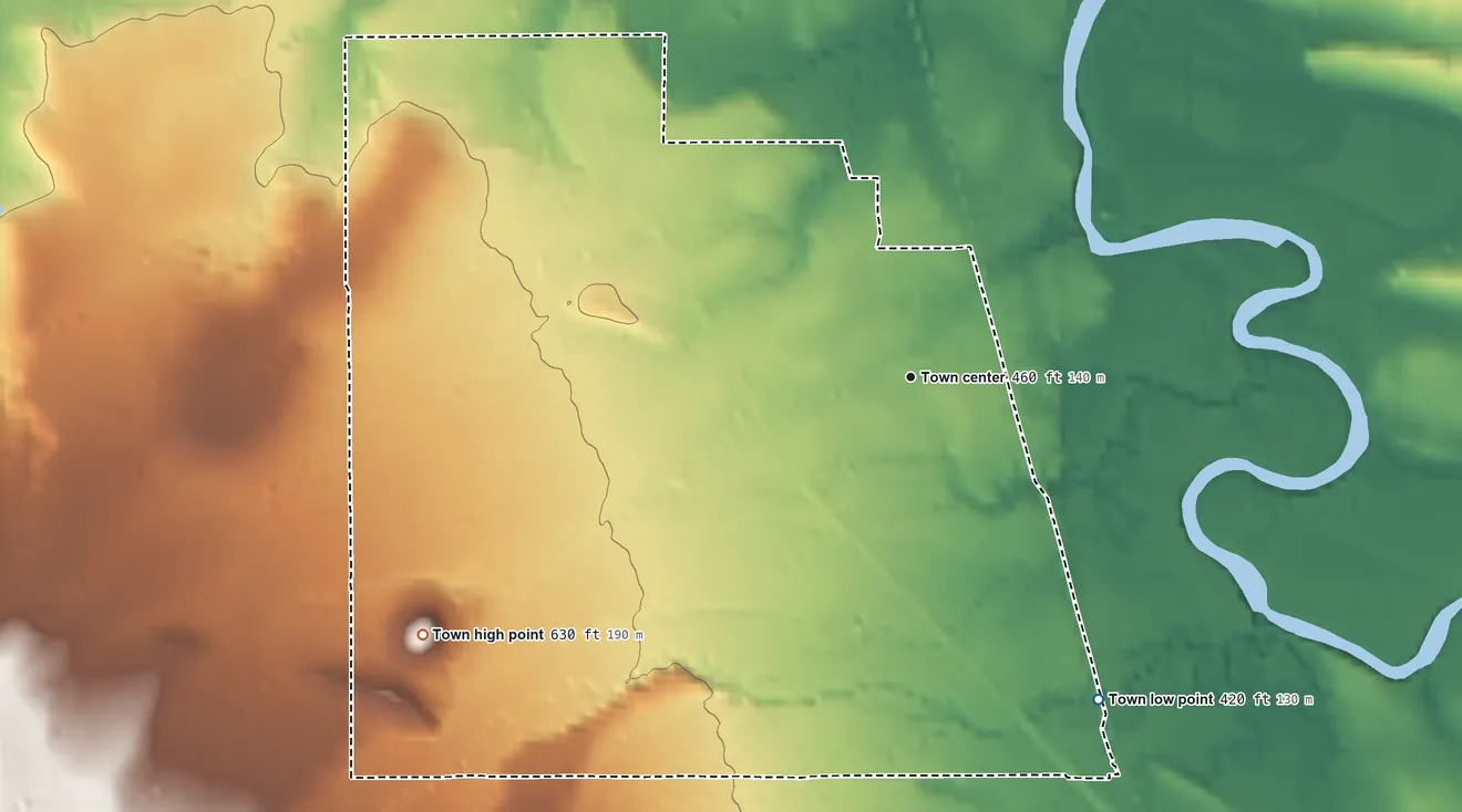 Topographic elevation map of Shady Point, Oklahoma, shaded from 420 ft on the southeast side to 630 ft at the foot of the Sugar Loaf Mountains