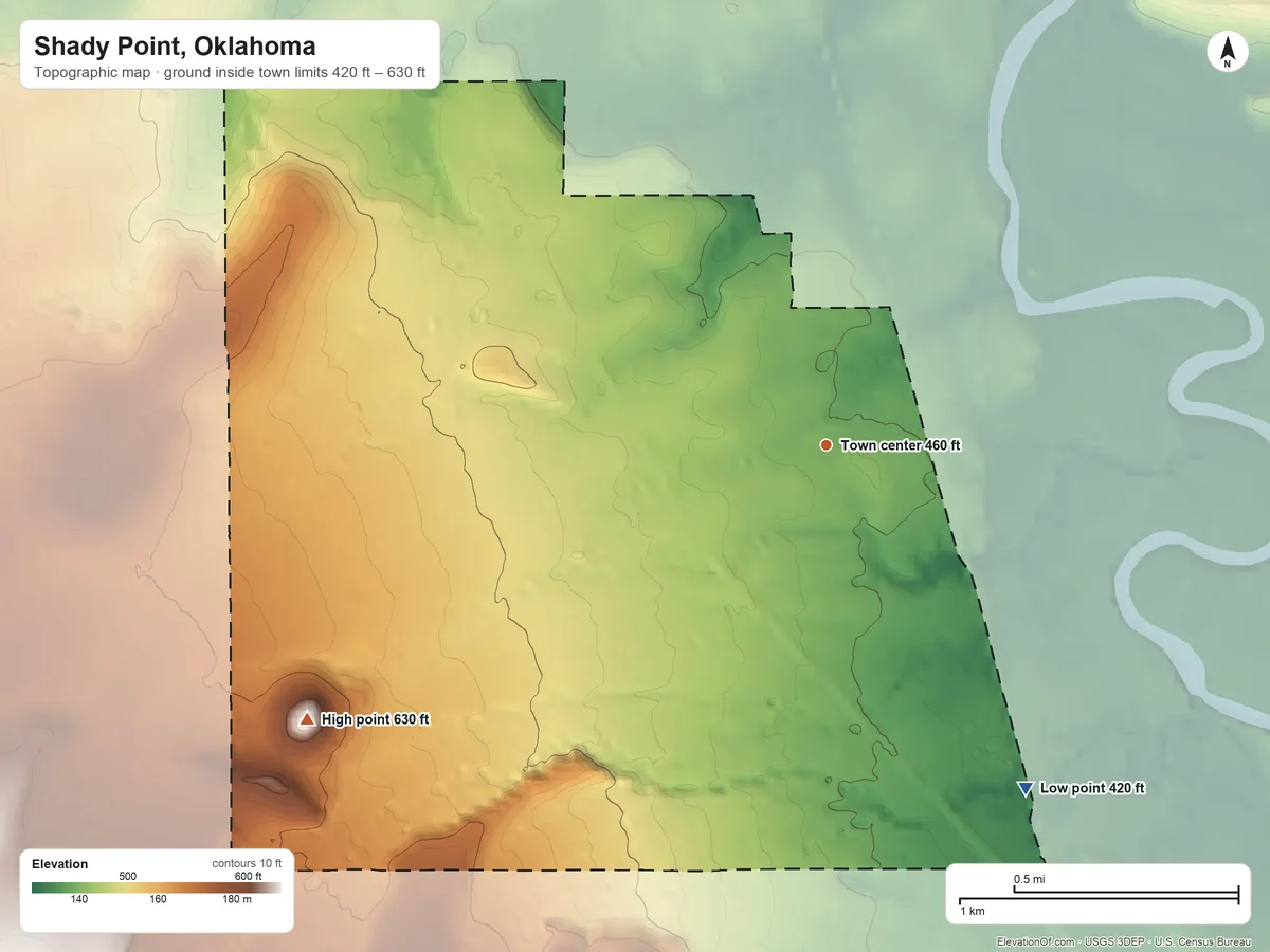 Topographic elevation map of Shady Point, Oklahoma, shaded from 420 ft on the southeast side to 630 ft at the foot of the Sugar Loaf Mountains