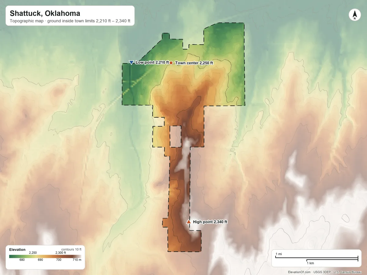 Topographic elevation map of Shattuck, Oklahoma, shaded from 2,210 ft on the west side to 2,340 ft on the south side