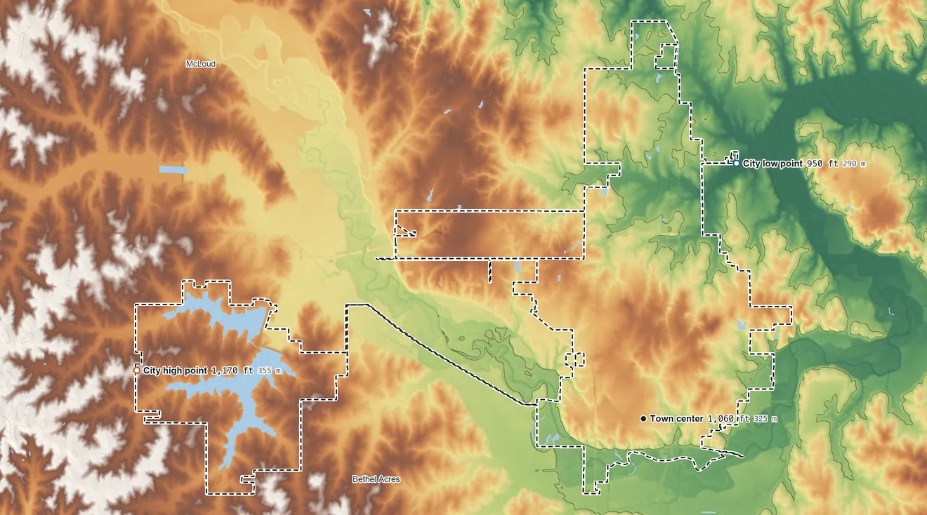 Topographic elevation map of Shawnee, Oklahoma, shaded from 950 ft on the north side to 1,170 ft on the west side