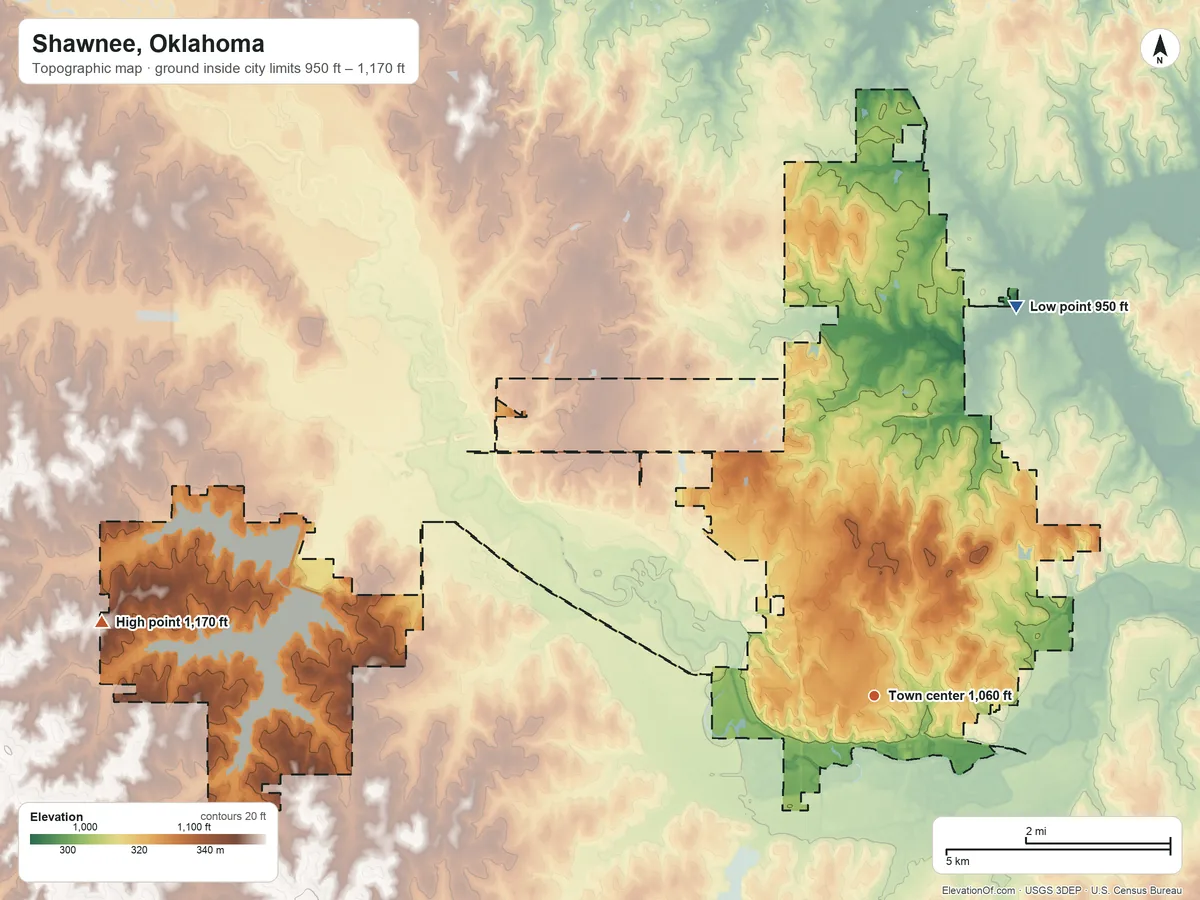 Topographic elevation map of Shawnee, Oklahoma, shaded from 950 ft on the north side to 1,170 ft on the west side