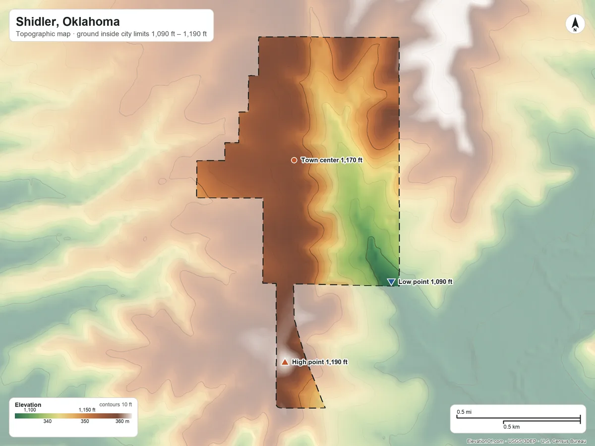 Topographic elevation map of Shidler, Oklahoma, shaded from 1,090 ft on the southeast side to 1,190 ft on the south side