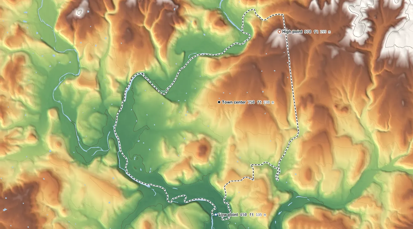 Topographic elevation map of Short, Oklahoma, shaded from 450 ft on the south side to 970 ft on the northeast side