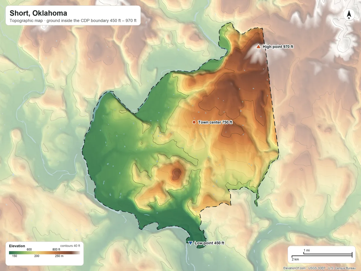 Topographic elevation map of Short, Oklahoma, shaded from 450 ft on the south side to 970 ft on the northeast side