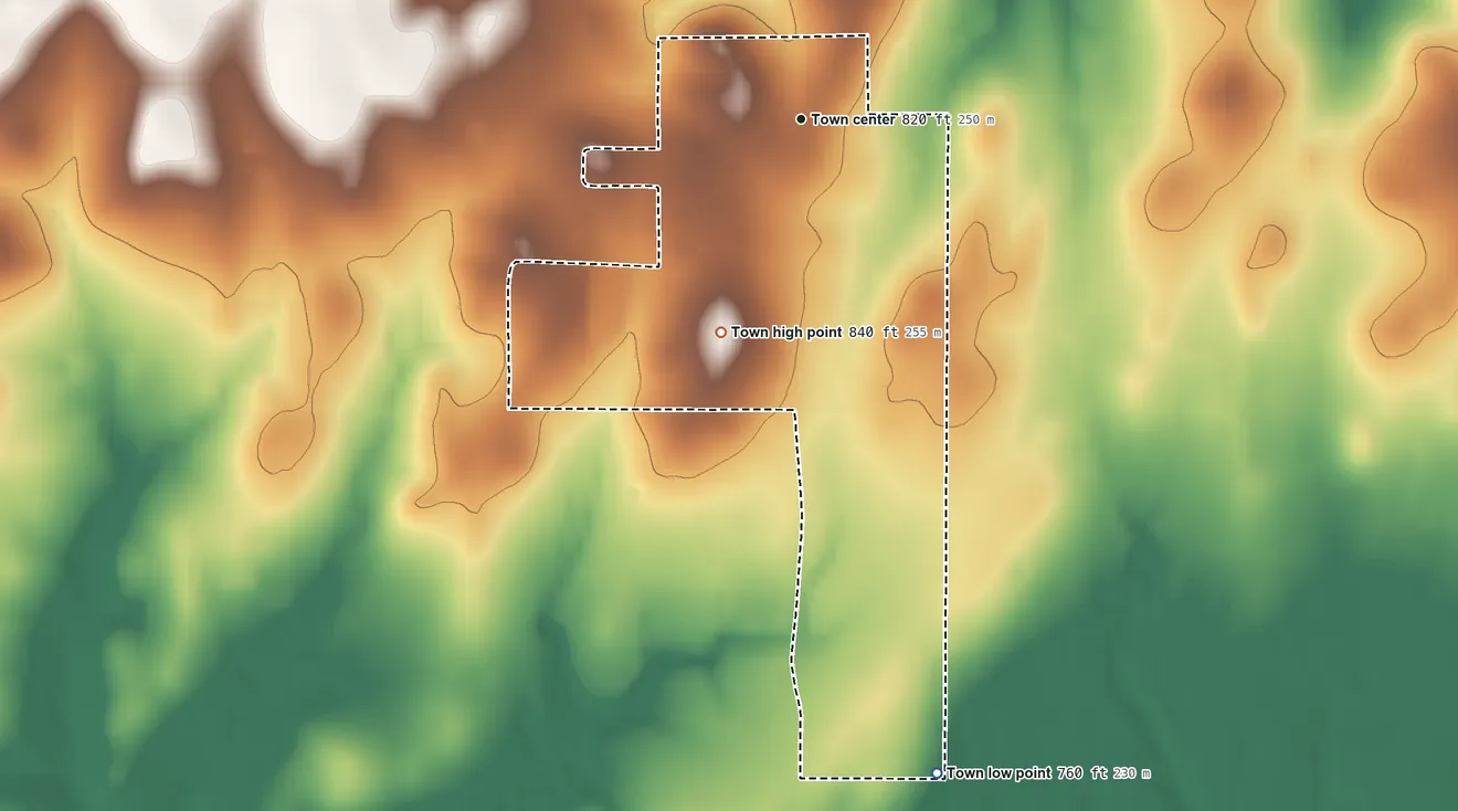 Topographic elevation map of Silo, Oklahoma, shaded from 760 ft on the south side to 840 ft on the south side