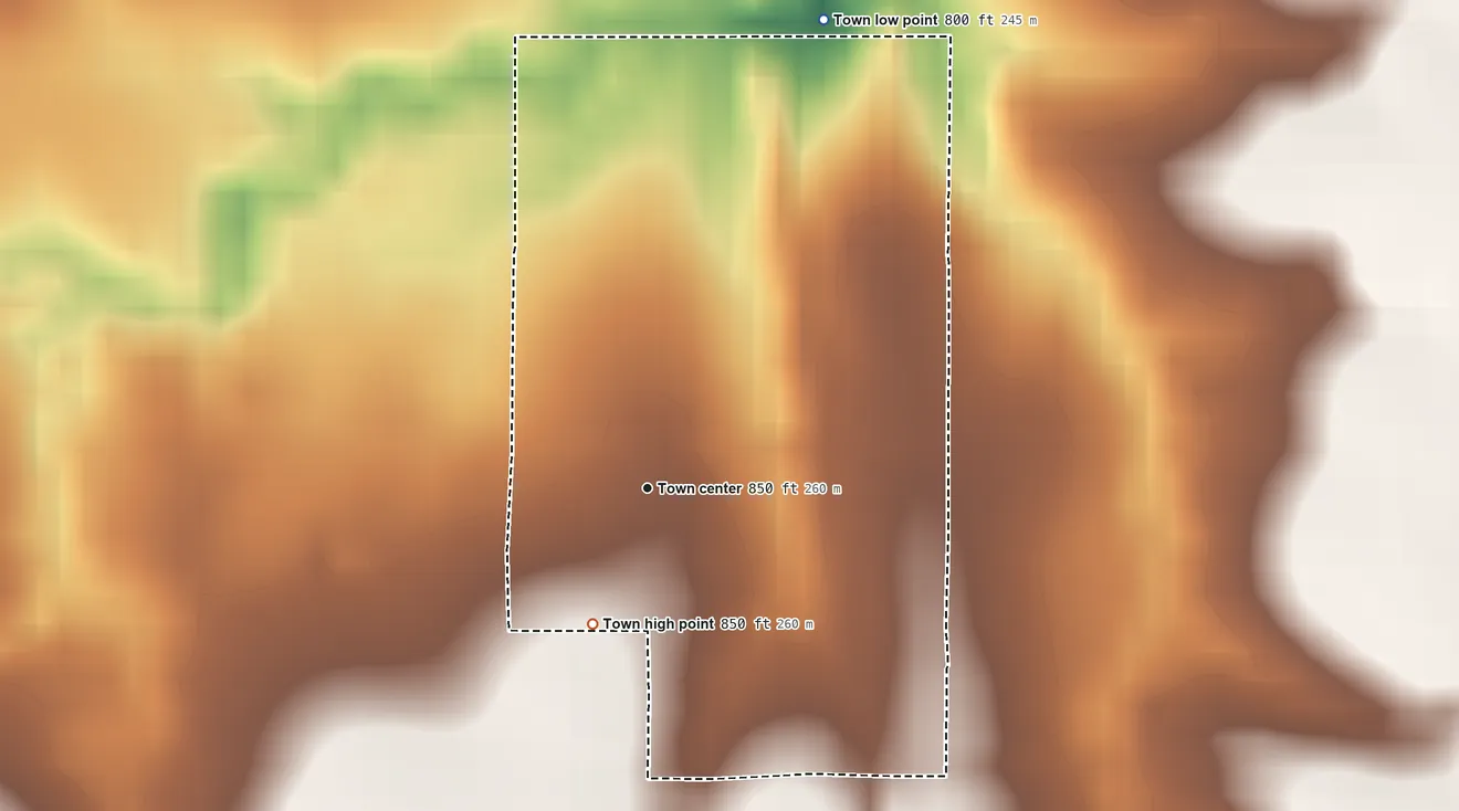 Topographic elevation map of Skedee, Oklahoma, shaded from 800 ft on the north side to 850 ft on the south side