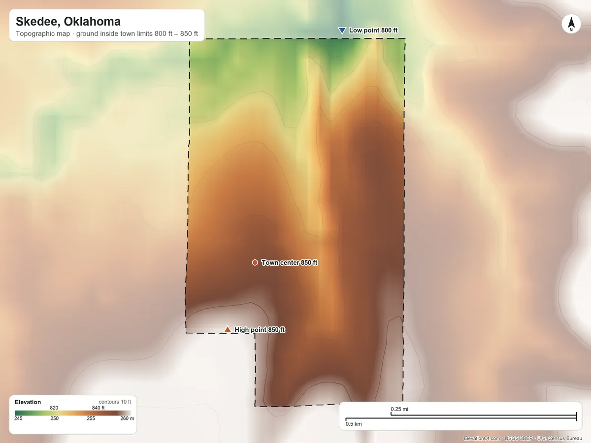 Topographic elevation map of Skedee, Oklahoma, shaded from 800 ft on the north side to 850 ft on the south side