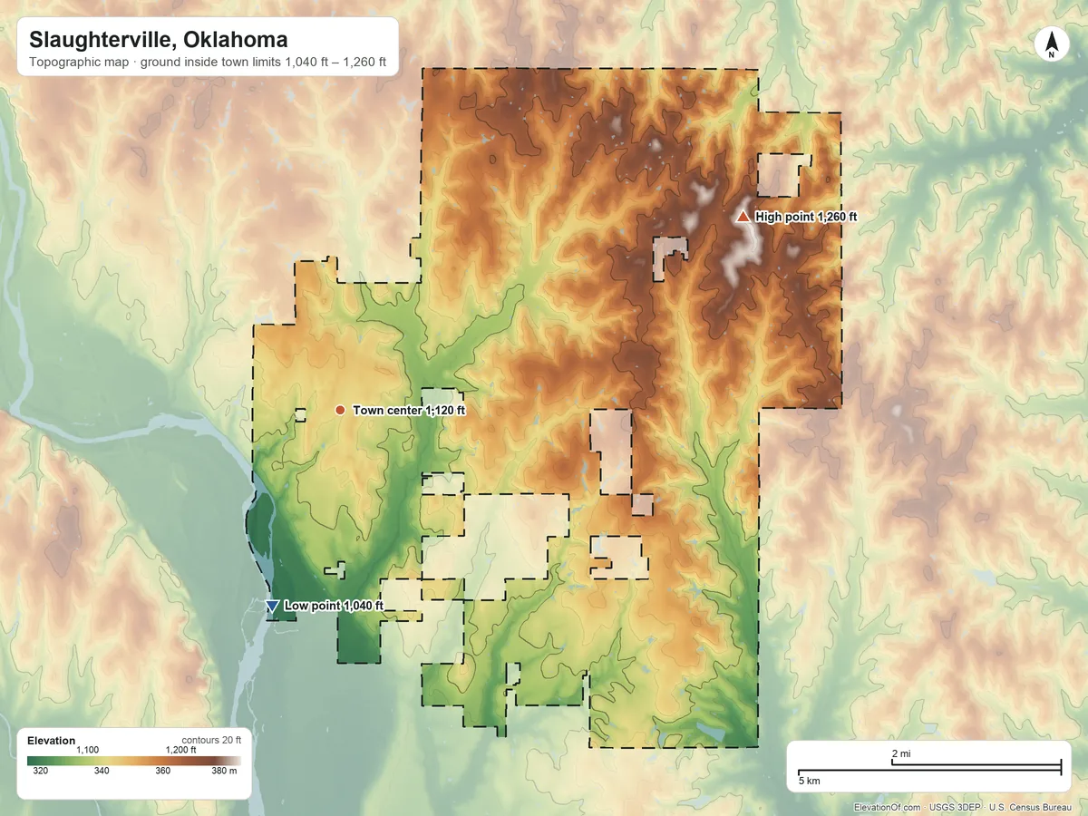 Topographic elevation map of Slaughterville, Oklahoma, shaded from 1,040 ft on the south side to 1,260 ft on the northeast side