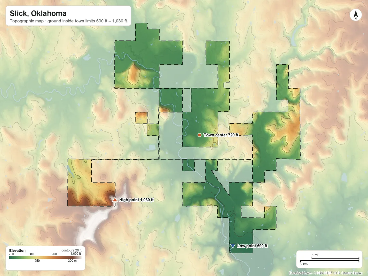 Topographic elevation map of Slick, Oklahoma, shaded from 690 ft on the south side to 1,030 ft on the southwest side