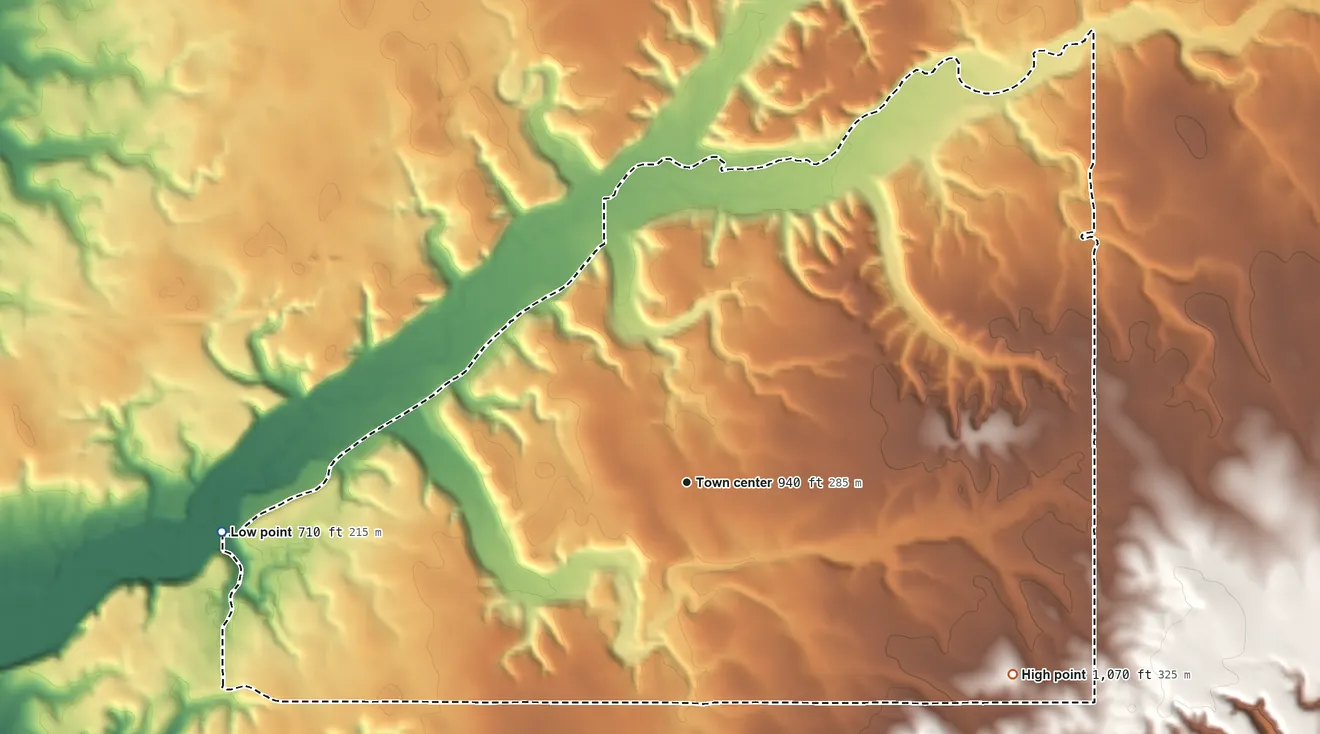 Topographic elevation map of Snake Creek, Oklahoma, shaded from 710 ft on the west side to 1,070 ft on the southeast side