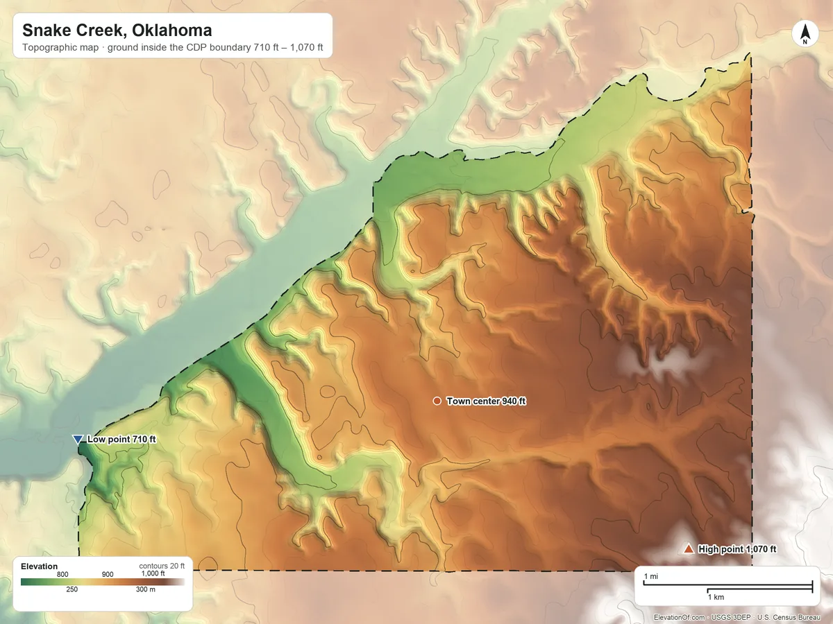 Topographic elevation map of Snake Creek, Oklahoma, shaded from 710 ft on the west side to 1,070 ft on the southeast side