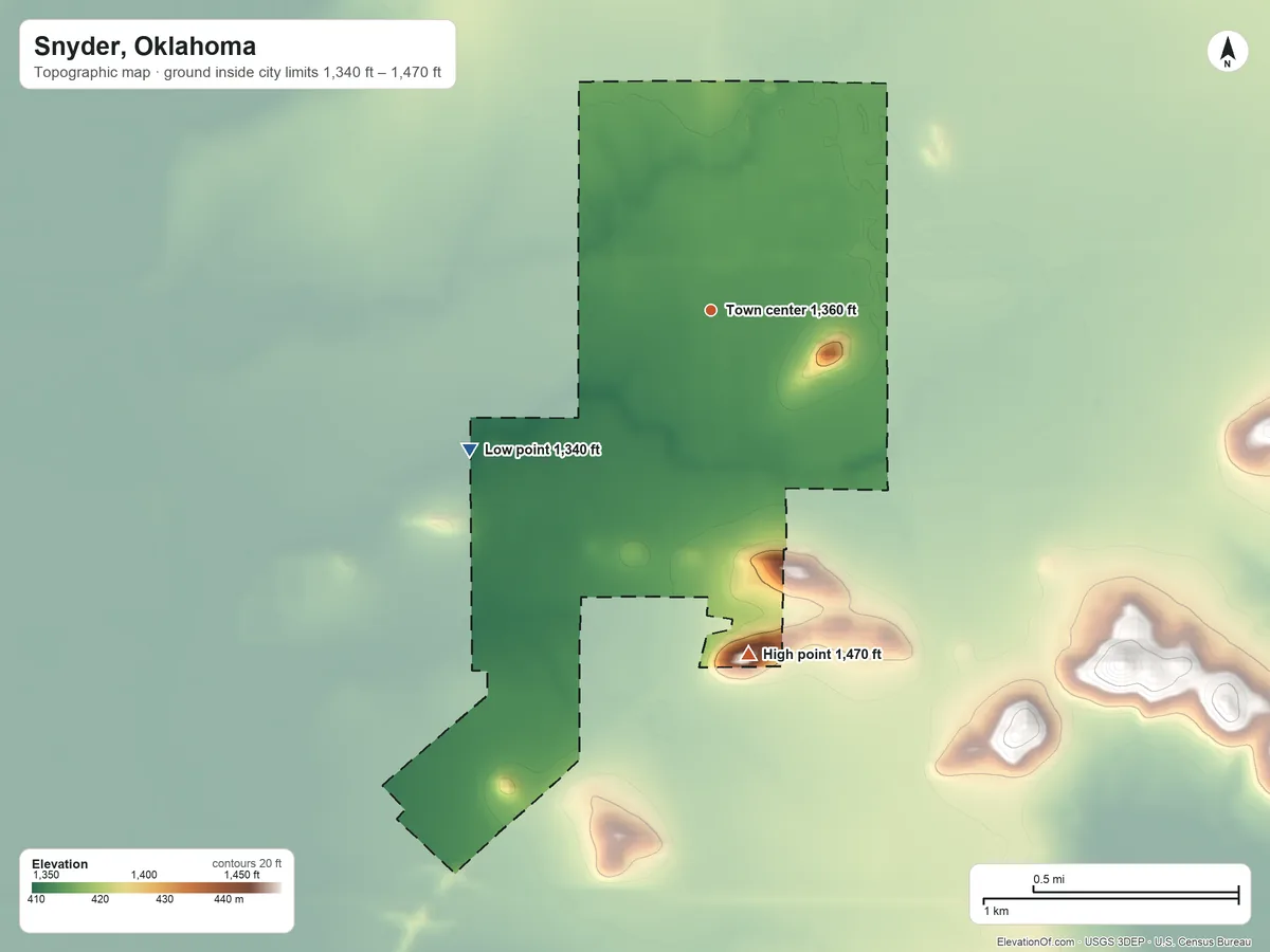 Topographic elevation map of Snyder, Oklahoma, shaded from 1,340 ft on the southwest side to 1,470 ft on the south side