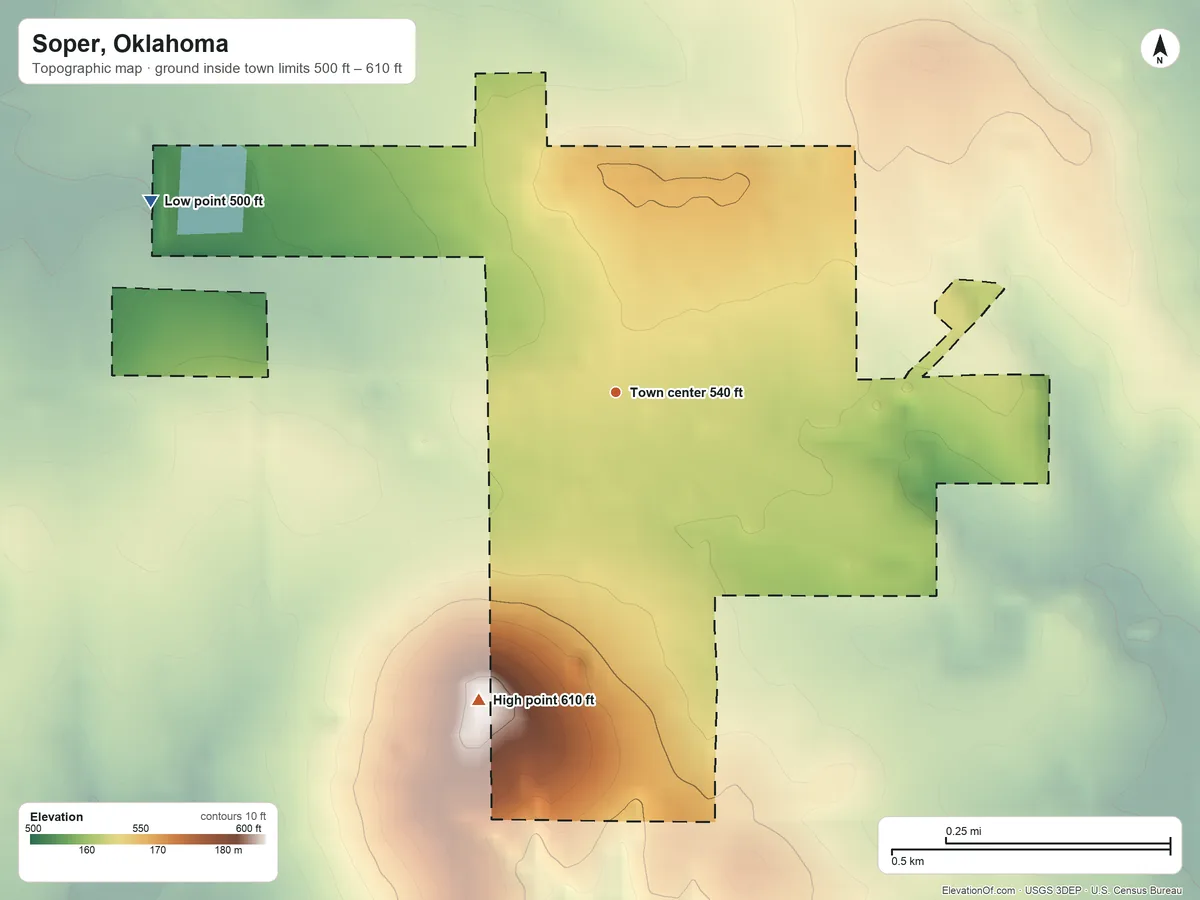 Topographic elevation map of Soper, Oklahoma, shaded from 500 ft on the west side to 610 ft on the southwest side