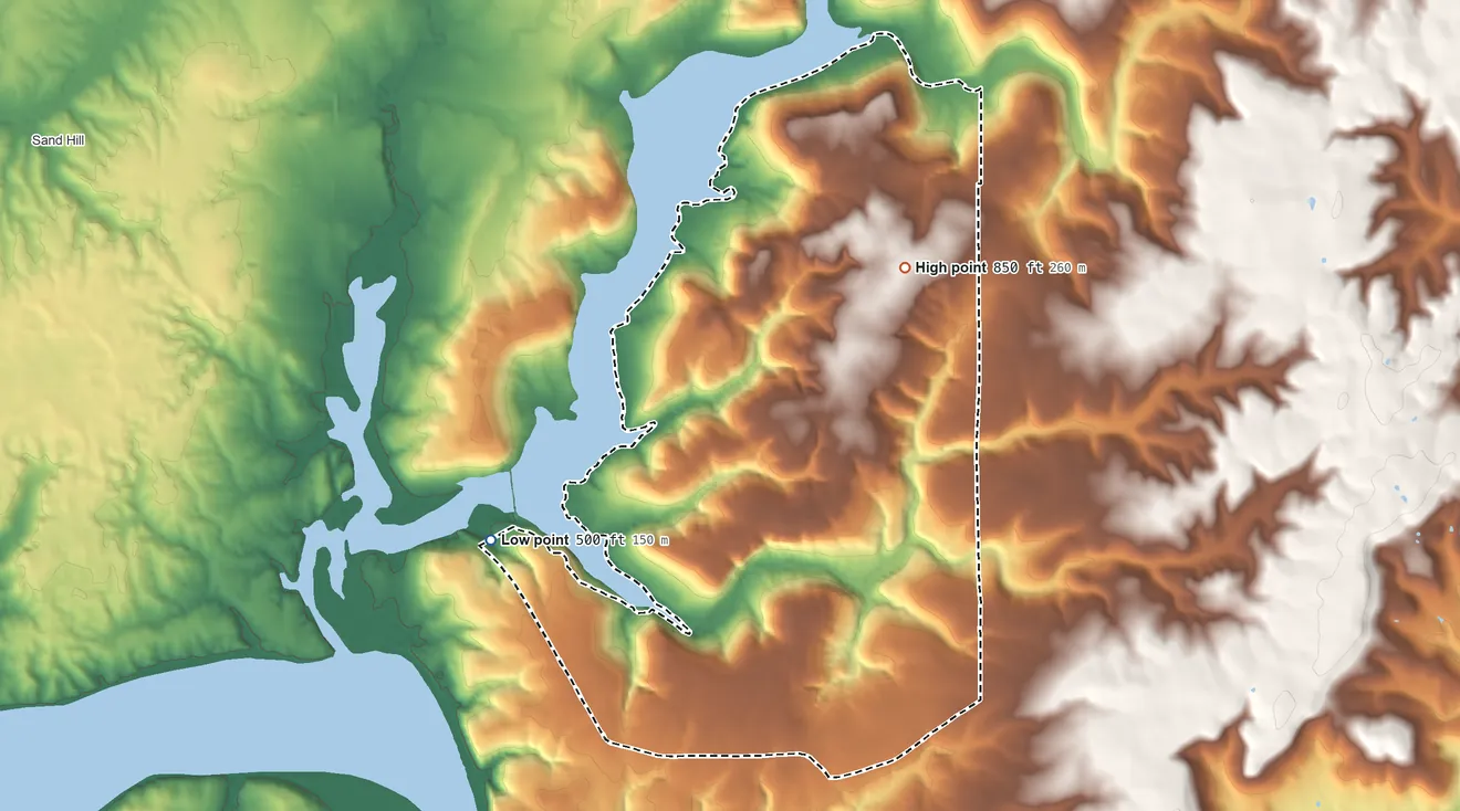 Topographic elevation map of Sour John, Oklahoma, shaded from 500 ft on the west side to 850 ft on the north side