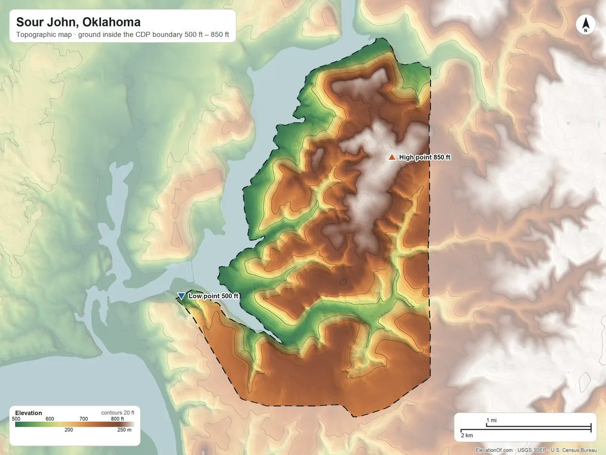 Topographic elevation map of Sour John, Oklahoma, shaded from 500 ft on the west side to 850 ft on the north side