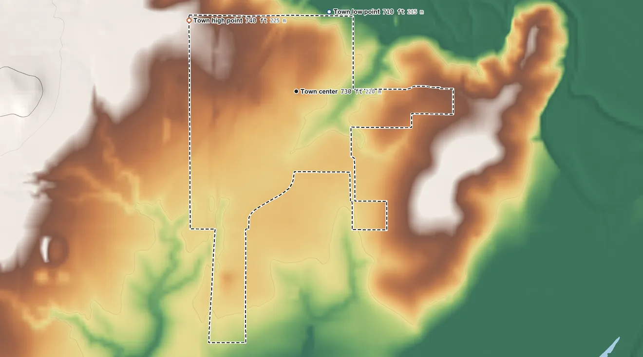 Topographic elevation map of South Coffeyville, Oklahoma, shaded from 710 ft on the north side to 740 ft on the northwest side
