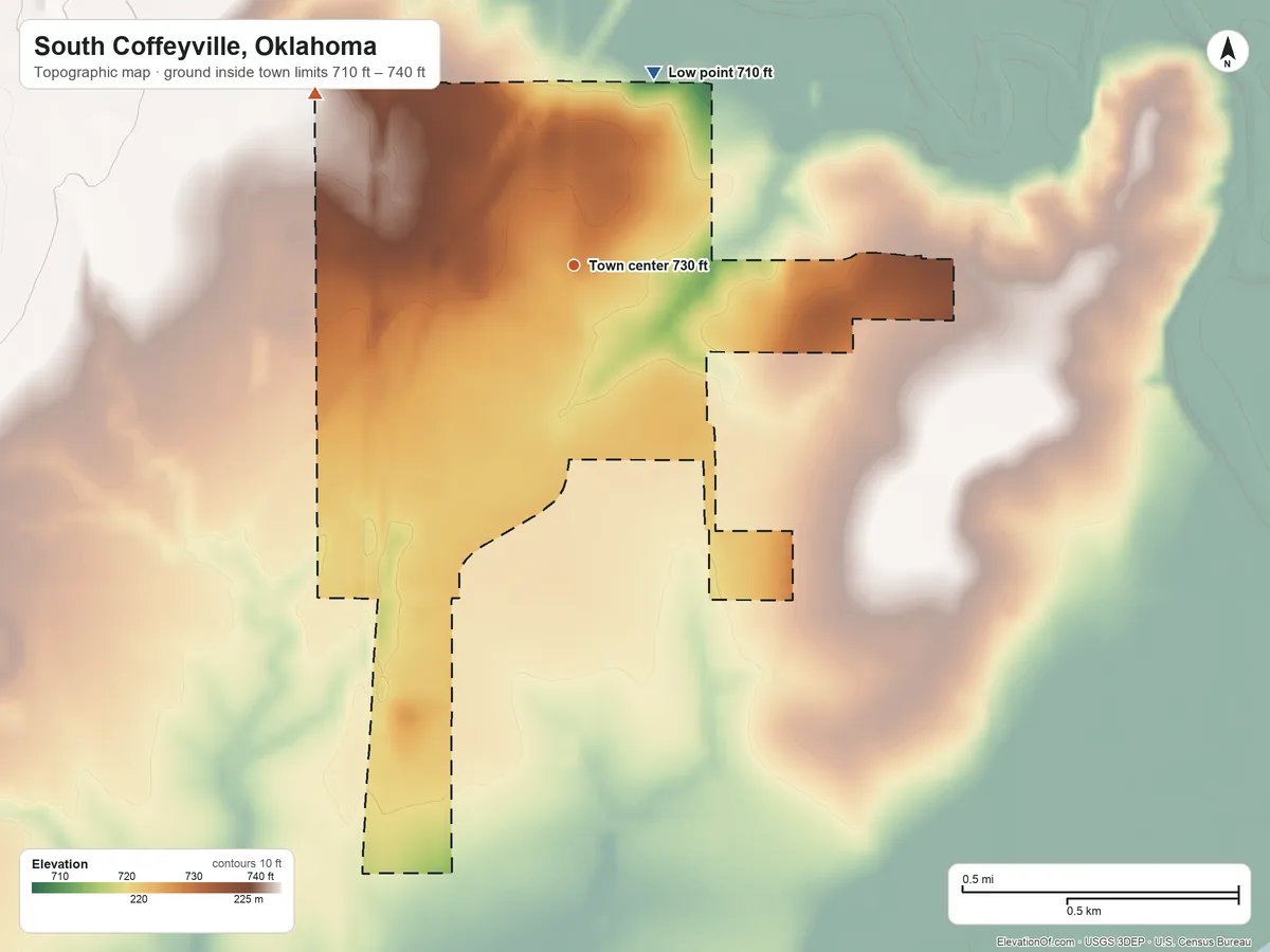 Topographic elevation map of South Coffeyville, Oklahoma, shaded from 710 ft on the north side to 740 ft on the northwest side