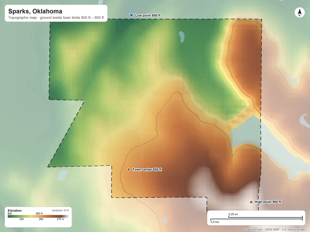 Topographic elevation map of Sparks, Oklahoma, shaded from 800 ft on the north side to 900 ft on the east side