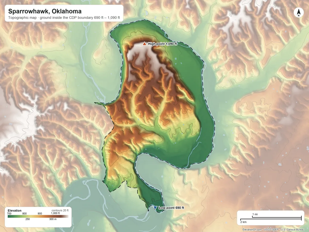 Topographic elevation map of Sparrowhawk, Oklahoma, shaded from 690 ft on the south side to 1,090 ft on Sparrow Hawk Mountain